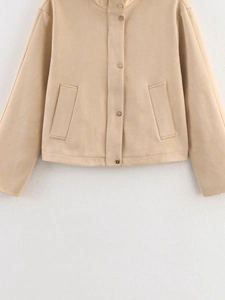 Detailed front view of beige suede jacket with high collar and snap button closure
