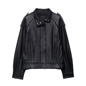Veste de Moto en Cuir PU Noir Vintage pour Femmes Fermeture Éclair Asymétrique Revers Bomber Avec Épaulettes Outwear Mode