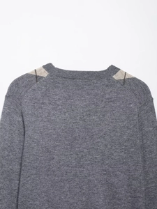 Close-up of grey knit cardigan showing round neckline and argyle pattern on shoulders