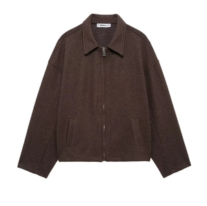 Women's loose casual dark brown wool jacket with metal zipper and front pockets