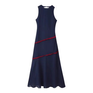 Women Elegant Navy Blue Sleeveless Maxi Dress With Red Tassel Decoration Backless A-Line Long Dress For Party Banquet