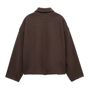 Back view of a dark brown wool jacket with drop-shoulder design and loose silhouette
