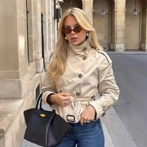 Women Fashion Short Trench Coat Jacket Double Breasted With Belt Stand Collar Long Raglan Sleeve Casual Elegant Autumn Outerwear