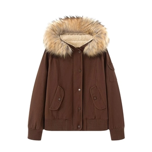 Brown hooded pilot jacket with faux fur trim and cozy sherpa lining for winter warmth