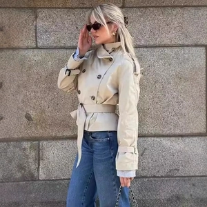 Short double-breasted beige trench coat with waist belt and windproof collar design