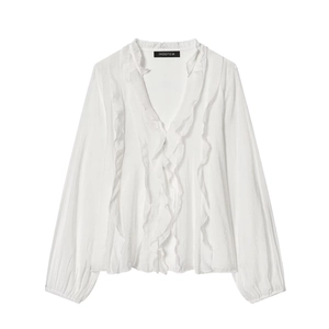 Elegant white V-neck chiffon shirt with layered ruffles and long elastic cuff sleeves