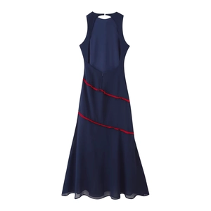 Navy blue backless maxi dress with contrasting red fringe ruffles and open back design