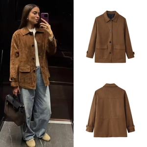 Giacca in Camoscio Vintage Marrone Scuro da Donna Vestibilità Larga Colletto a Punta Bottoni Capispalla Casual Streetwear Cappotto