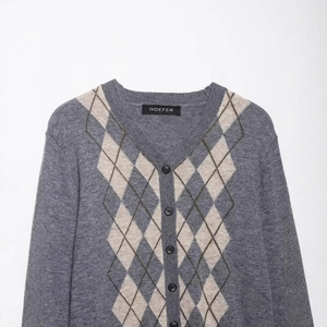Classic grey argyle knit cardigan with V-neck and diamond pattern for men or unisex fit
