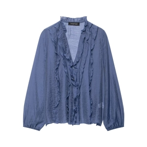 Navy blue V-neck chiffon blouse featuring ruffled layers and romantic retro style