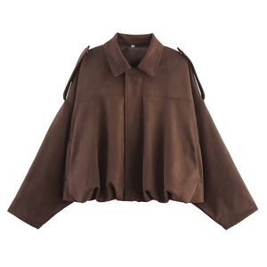 Dark brown oversized faux suede bomber jacket with flap pockets and elastic hem