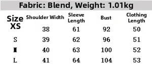 Size chart for women's faux fur jacket and skirt set with detailed fabric dimensions