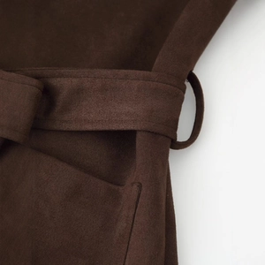 Deep brown faux suede jacket with belt and detailed waist loops for women
