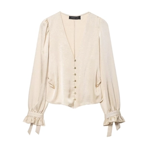 Women Elegant Satin Crinkled Shirt V-Neck Puff Sleeve Ruffle Cuff With Bow Tie Golden Button Fashion Commute Blouse