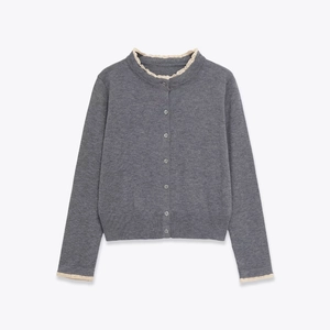 Damen Casual Grau Strickjacke Pullover Mit Spitzenbesatz Patchwork Rundhals Einreihig Langarm Knopf Top