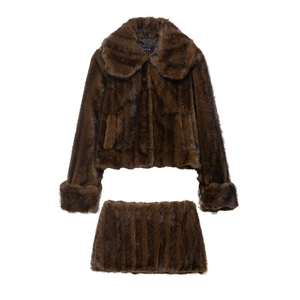 Women Faux Fur Effect Jacket And Mini Skirt Solid Color Lapel Long Sleeve Winter Warm Outwear Streetwear Fashion Top And Bottom
