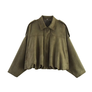 Women's dark olive green suede bomber jacket with utility pockets and a loose silhouette
