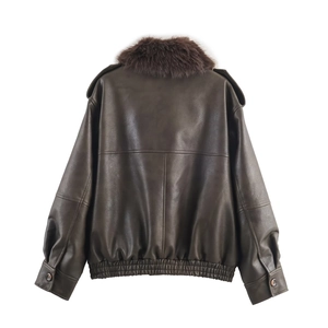 Dark brown faux leather bomber jacket with detachable faux fur collar and elastic hem