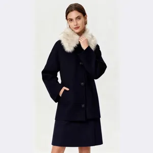 Navy wool coat with faux fur collar and matching skirt set for women's winter fashion
