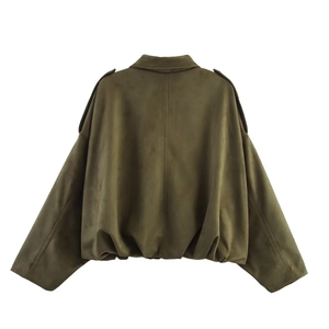 Close-up of olive green suede bomber jacket showing back stitching and pleated hem