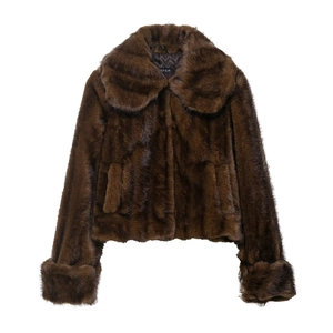 Chocolate brown faux fur jacket with oversized collar and cuffs on white background
