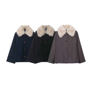 Women's A-line wool coat with faux fur collar in navy blue, black and dark grey