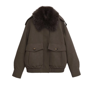 Women's Vintage Bomber Jacket With Faux Fur Collar Dark Brown Casual Padded Outerwear Zip Up Coat With Large Pockets