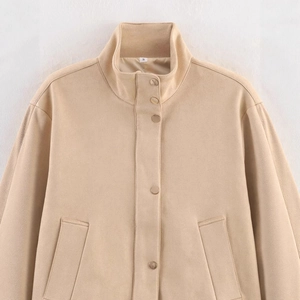 Chic beige faux suede jacket for women featuring a stand collar and button-up front design