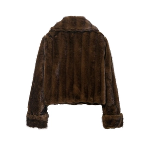 Rear view of brown faux fur jacket with vertical striped texture and wide lapel