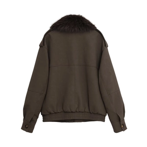 Back view of a dark brown faux leather bomber jacket with a fluffy faux fur collar