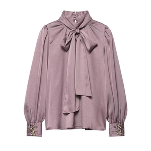 Élégante Blouse en Satin à Nœud Papillon pour Femmes Col Montant Chemise à Manches Longues Poignets Plissés avec Boutons Papillon Dorés Top de Bureau