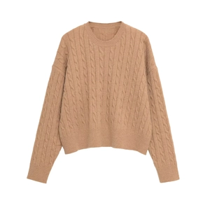 Close-up of the cable-knit texture and ribbed cuffs on this warm khaki round neck sweater