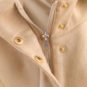 Women casual khaki suede jacket featuring premium golden metal zipper and snap buttons