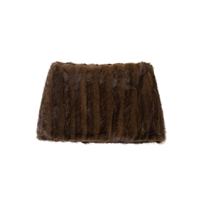 Detail of dark brown faux fur neck warmer with vertical striped texture and soft finish