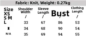 Detailed size chart for striped long sleeve knit cardigan with fabric and weight info