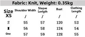 Detailed size chart for striped knit sweater showing shoulder, bust, and length measurements