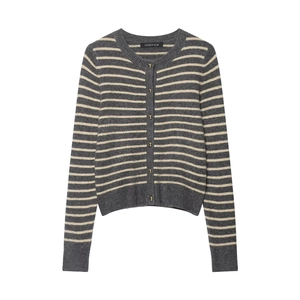 Women's Striped Knit Cardigan Round Neck Long Sleeve Single Breasted Jacket Gold Button Grey Off-White Slim Fit Knitwear Top