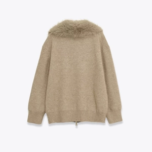 Women's earth-tone knit cardigan featuring a plush faux fur collar and ribbed hem