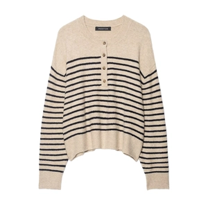 Chic beige and black striped long-sleeve knit sweater with a buttoned crew neck design