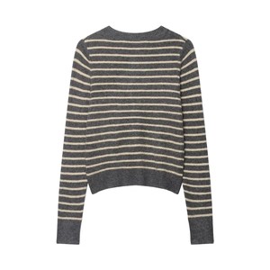 Classic gray striped crewneck cardigan with long sleeves and ribbed cuffs on white background