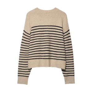 Classic crew neck striped knit sweater in oatmeal and black with a cozy ribbed finish