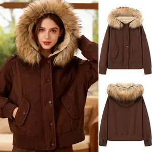 Women's Short Hooded Bomber Jacket With Faux Fur Collar Thick Padded Winter Coat Splicing Regular Outwear For Daily Warm
