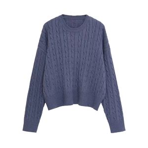 Close-up of fog blue cable knit sweater with textured round neck and ribbed details