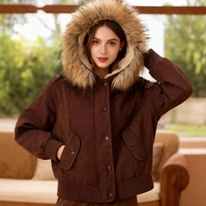 Women's dark brown jacket featuring a plush faux fur collar and warm shearling lining
