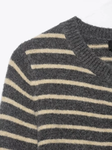 Detailed view of the ribbed round neckline and soft striped texture on this knit cardigan