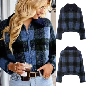 Cardigan in Maglia a Quadri da Donna Con Cerniera Colletto a Revers Manica Lunga Maglione Blu Profondo