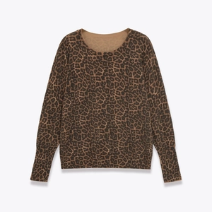 Women's Casual Leopard Print Round Neck Long Sleeve Knit Sweater Western Street Style Soft Ribbed Trim Pullover Top