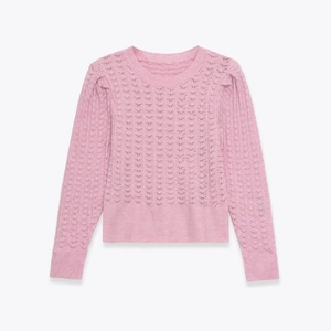 Pull en Maille Ajourée Rose Décontracté pour Femme Col Rond Manches Longues Couleur Unie Haut en Tricot Léger et Respirant