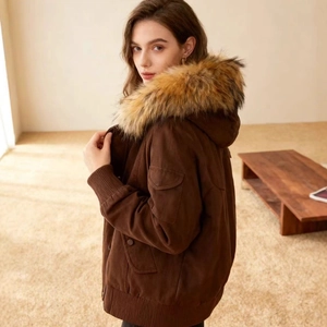 Women's brown cropped jacket with large detachable faux fur collar in a utility style
