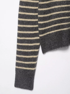 Close-up of striped knit cardigan showing plush texture and small side slit detail